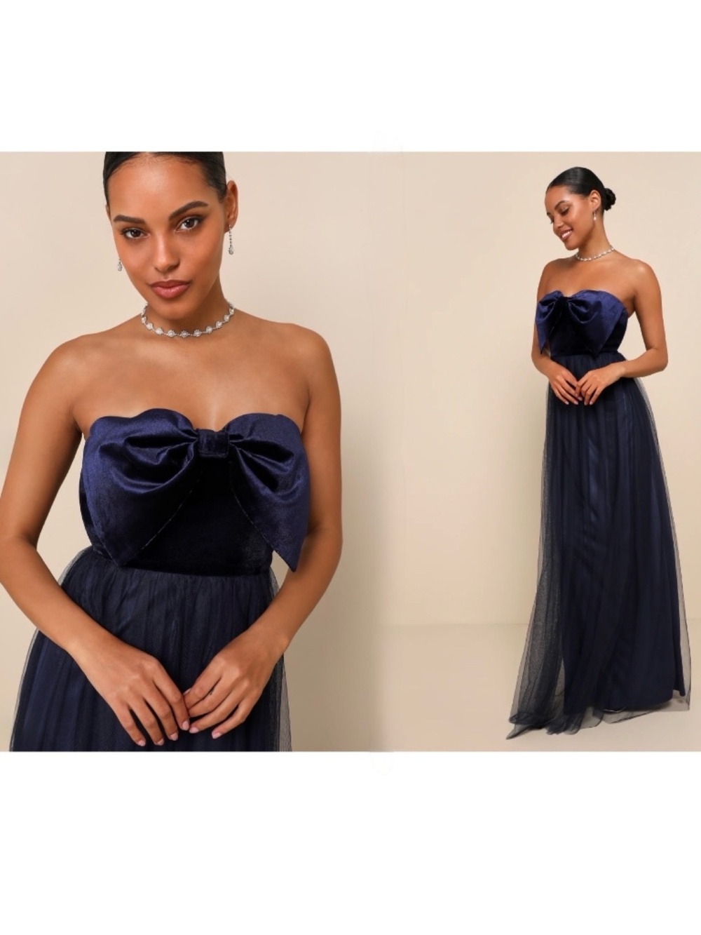 NWOT Lulus Perfectly Dramatic Navy Velvet Tulle Strapless Bow Maxi Dress XL